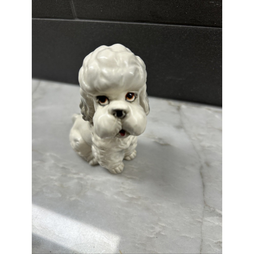 Lefton White Sitting Poodle MCM Foil Sticker Porcelain Dog 4" Japan VTG - Picture 3 of 7